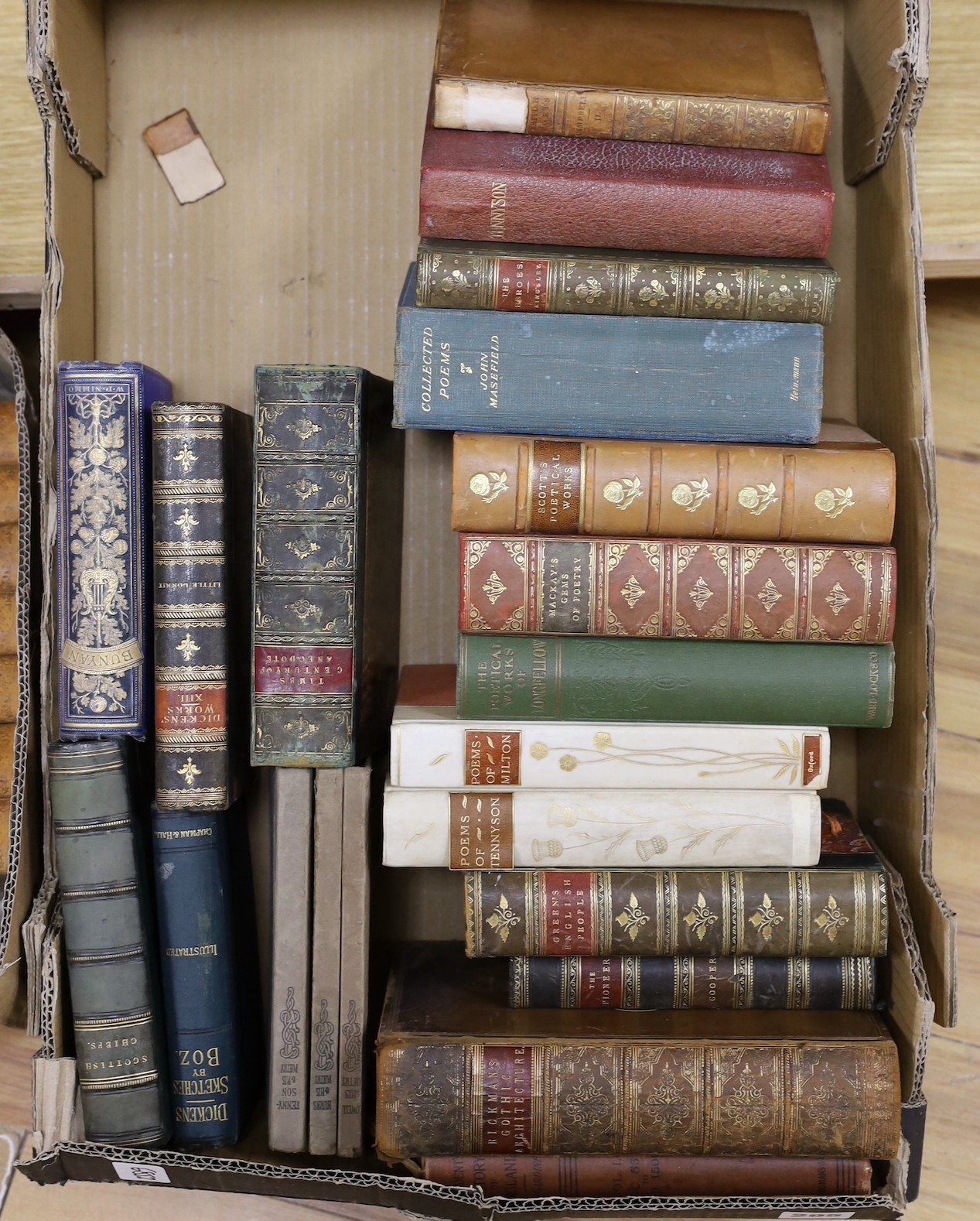 A selection of mixed book bindings varying in age, to include Lamb’s Works and Gibbon’s Roman Empire